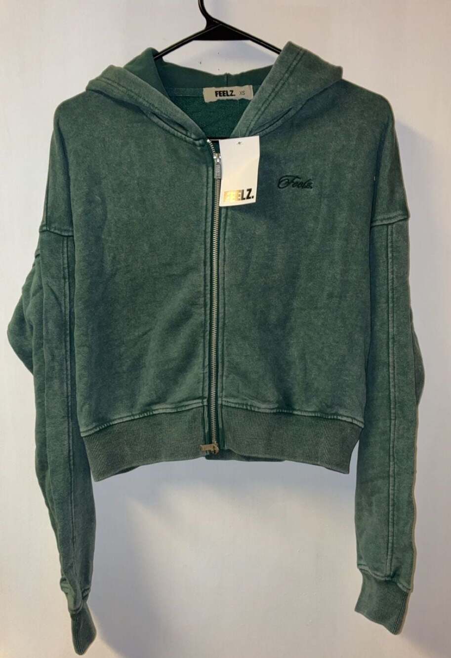 FEELZ. Washed Zip-Up Hoodie Dark Green Size XS